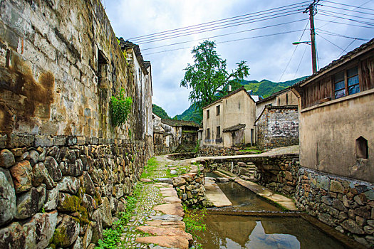 古村,石头,房子,鹅卵石,道路,古树