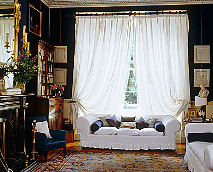 蓝色,客厅,慷慨,布帘,白色,亚麻布,窗户