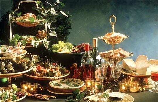 圣诞自助餐,食物,沙拉,奶酪,面包,葡萄酒