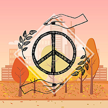 国际,平和,白天,矢量,插画,秋天,海报,两只,手,防护,手势,自由,橄榄枝,城市公园,背景