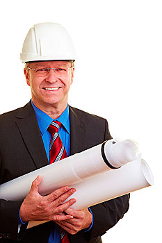 建筑师,白人,头盔,拿着,建筑设计图
