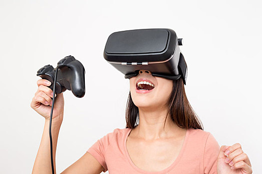 兴奋,女人,玩,游戏,虚拟现实,装置