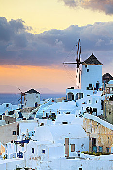 风车,日落,圣托里尼岛,希腊