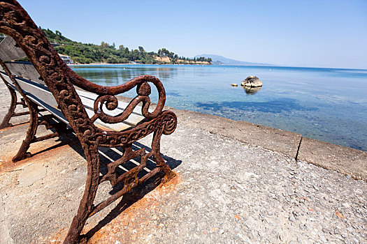 铁,生锈,长椅,海洋,希腊