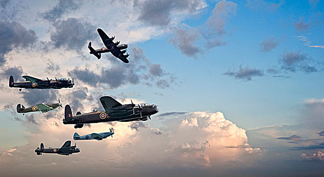 飞行,排列,不列颠之战,第二次世界大战,兰卡斯特,轰炸机,飓风,飞机