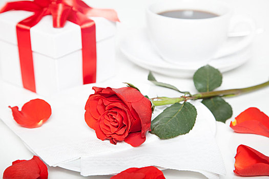 红玫瑰,展示,盒子,咖啡杯