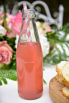 粉色,柠檬水,玻璃瓶,吸管