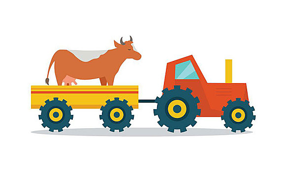 家养动物,运输,矢量,设计,拖拉机,拖车,母牛,牛,割草,农场,插画,农牧,概念,肉,农业,白色背景,圆顶