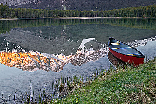 山,反射,加拿大,班夫国家公园,独木舟,班芙国家公园,艾伯塔省