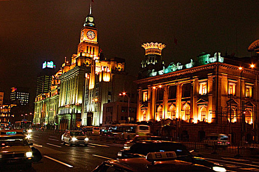 夜景,殖民地,建筑,外滩,上海,中国