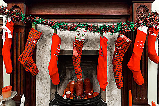 圣诞袜,悬挂,壁炉