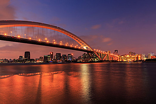 上海城市风光,卢浦大桥与黄浦江黄昏夜景