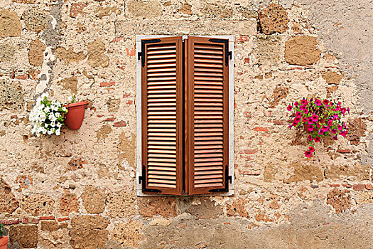 窗户,百叶窗,两个,花,罐,左边,右边,托斯卡纳,意大利,欧洲