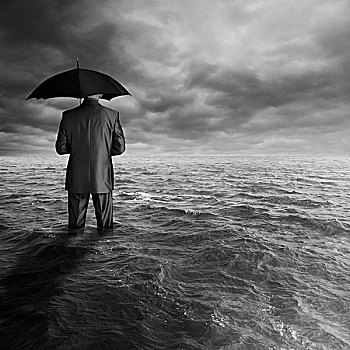 商务,沮丧,概念,男人,黑色,伞,海洋,聚焦