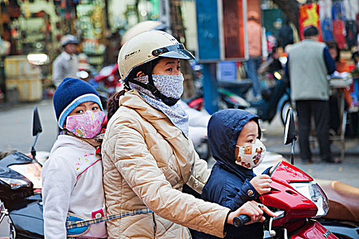 越南,河内,交通,场景,女人,孩子,摩托车