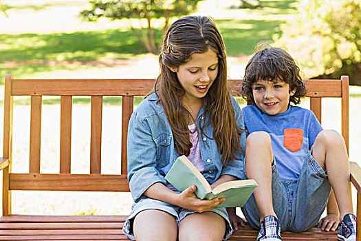 儿童,读,书本,公园长椅