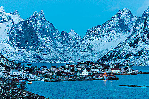 渔村,蓝色,钟点,瑞恩,罗浮敦群岛,挪威,欧洲
