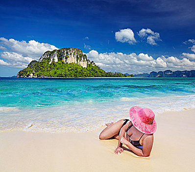 女人,粉色,帽子,躺着,海滩,安达曼海,泰国