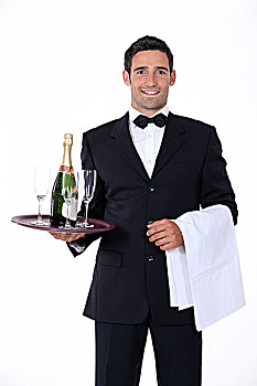 机智,服务员,拿着,托盘,香槟酒杯