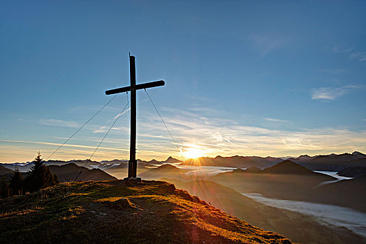 日出,顶峰,十字架,上巴伐利亚,巴伐利亚,德国,欧洲