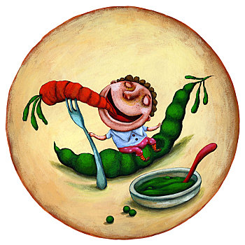 插画,高兴,男孩,吃,胡萝卜,豌豆,健康生活