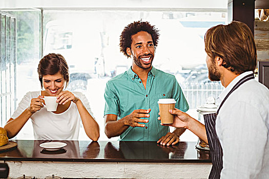 咖啡师,两个,高兴,顾客