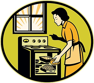 主妇,烘制,面包,糕点,盘子,烤炉,复古