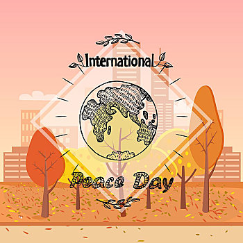 平和,白天,国际,假日,海报,地球,素描,星球,围绕,枝条,矢量,插画,蓝色,文字