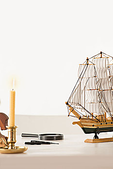 木质,船,模型玩具,白色背景,桌子