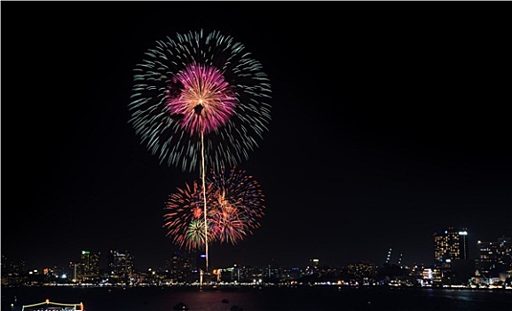 夜景,烟花,芭提雅,城市,泰国