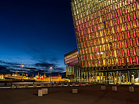 雷克雅未克,新,会议,中心,夜景,建筑,一个,象征,冰岛,大幅,尺寸