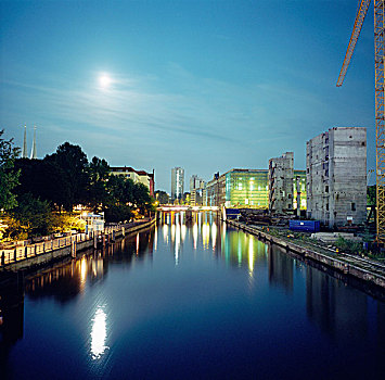 运河,月光,夜晚,柏林,德国
