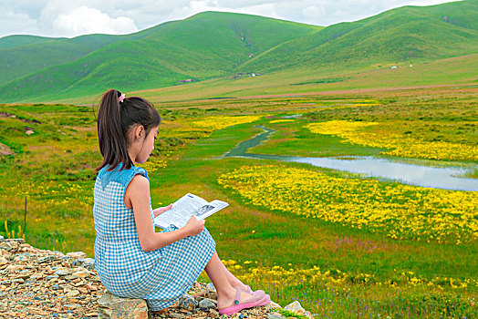鲜花遍野的草地旁读书的女孩