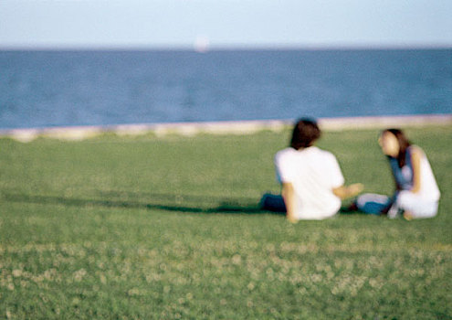 年轻,情侣,坐,一起,草丛,海洋,模糊