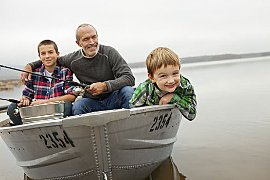 湖,一个,男人,两个男孩,钓鱼,船
