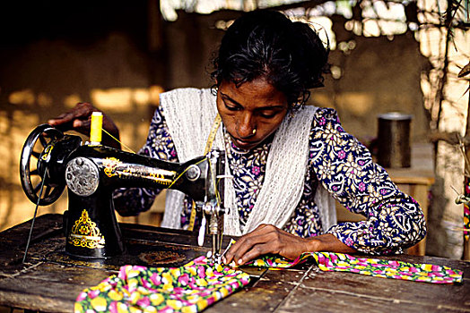 乡村,女人,缝合,布,孟加拉