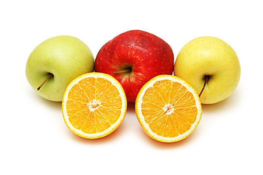 一半,切削,橘子,苹果,隔绝,白色背景