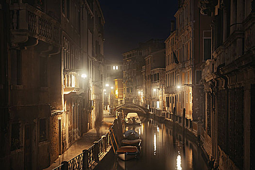 模糊,夜晚,威尼斯,运河,古建筑,意大利