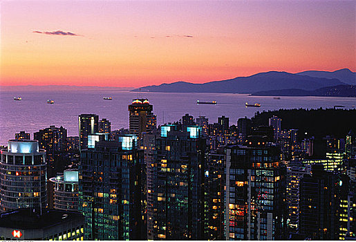俯视,城市,港口,黄昏,温哥华,不列颠哥伦比亚省,加拿大