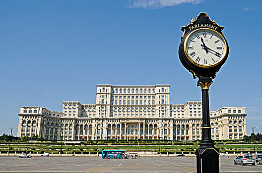 街道,钟表,宫殿,议会,布加勒斯特,罗马尼亚,东欧,欧洲