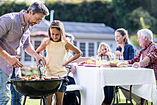 父亲,女儿,烧烤架,家庭,午餐,背景,花园