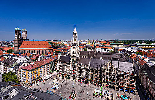 德国,巴伐利亚,上巴伐利亚,慕尼黑,玛利亚广场,圣母教堂,我们,市政厅,城市,风景,塔
