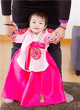 传统,朝鲜服装,婴儿,尝试,站立