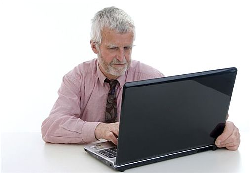 退休,老人,工作,笔记本电脑