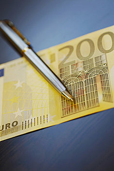 特写,笔,200欧元,钞票