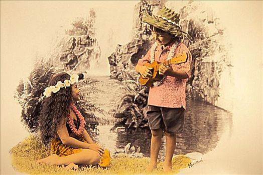 男孩,夏威夷四弦琴,女孩,坐,正面,瀑布