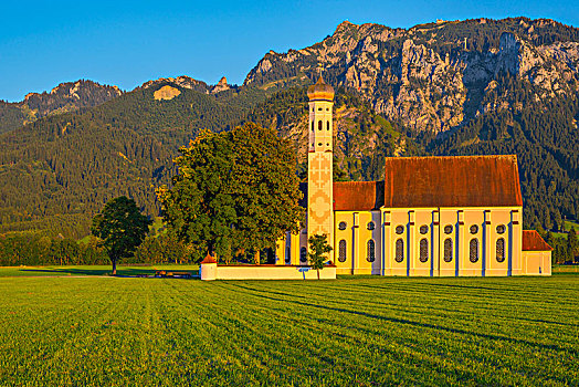 巴洛克式教堂,背影,山脉,史旺高,斯瓦比亚,巴伐利亚,德国,欧洲
