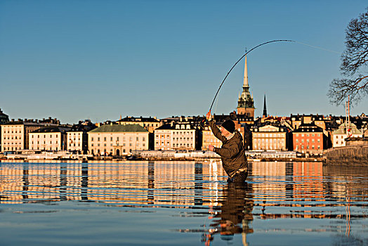 钓鱼,男人,城市