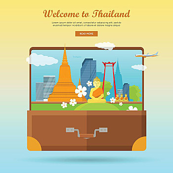 泰国,概念,旗帜,风格,矢量,度假,亚洲,手提箱,城市风光,佛教,建筑,纪念碑,旅行社,降落,公司,场所,设计