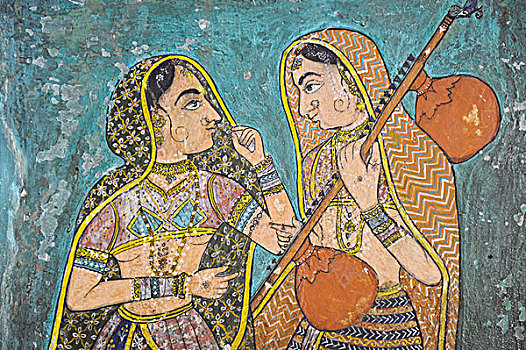 女人,宫殿,印度,弦乐器,壁画,老,博物馆,拉贾斯坦邦,亚洲